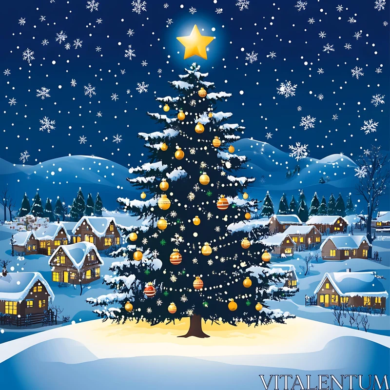 Christmas Tree in Snowy Village Nightscape AI Image