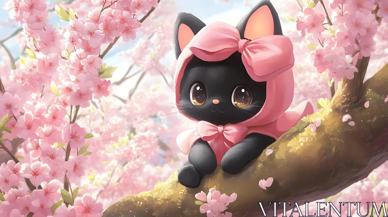 Charming Cat with Pink Bow in Spring Blossom Setting AI Image