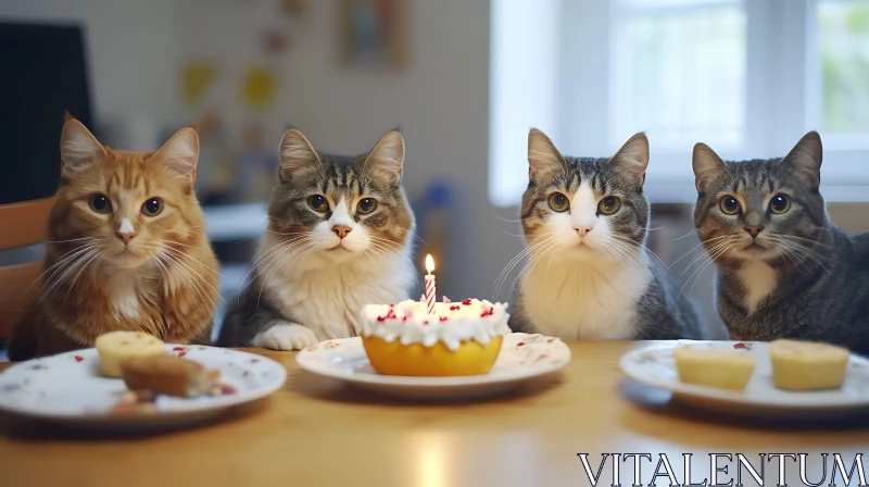 Cats at a Birthday Celebration with a Cake AI Image