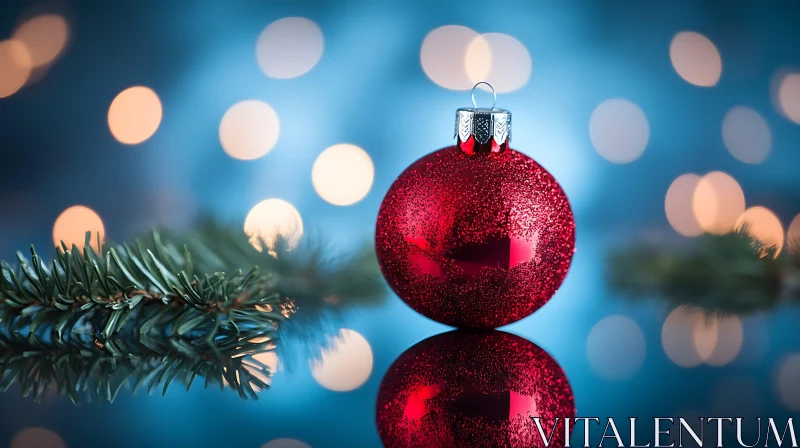 AI ART Festive Red Christmas Ball with Evergreen and Lights