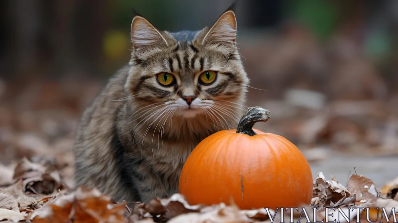 Cute Cat and Pumpkin in Autumn Setting AI Image