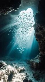 Illuminated Underwater Cave with Fish