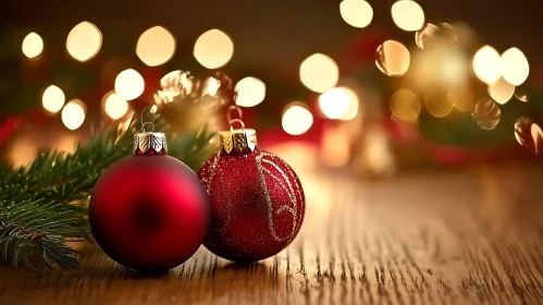 Festive Red Christmas Ornaments on Wooden Surface