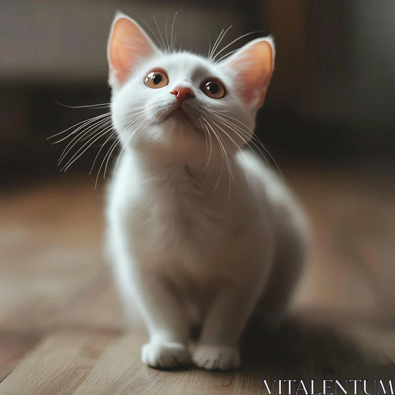 Charming White Kitten on Wooden Floor AI Image