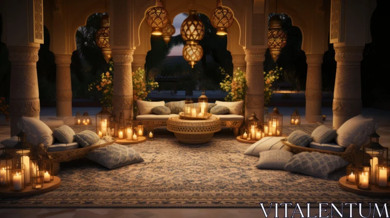 Captivating Lounge with Candle Lights and Ottomans AI Image