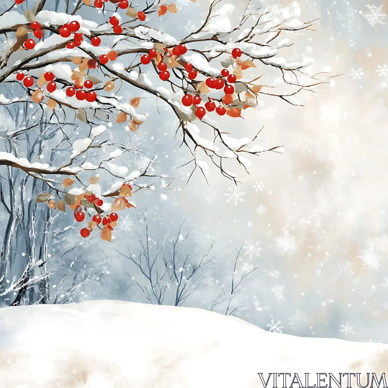 Tranquil Winter Landscape with Snowflakes and Berries AI Image