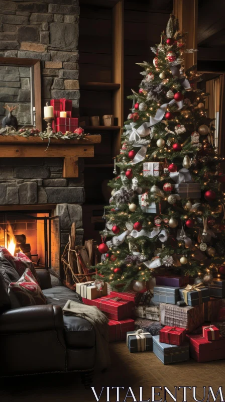Festive Christmas Tree in a Cozy Room with Fireplace - Whistlerian Style AI Image