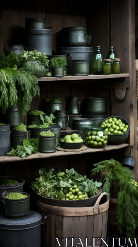 Green Pots and Pans on Wooden Shelves in a Festive Kitchen AI Image