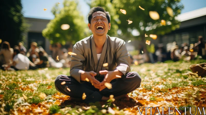 Joyful Man Laughing amidst Falling Leaves in Nature AI Image