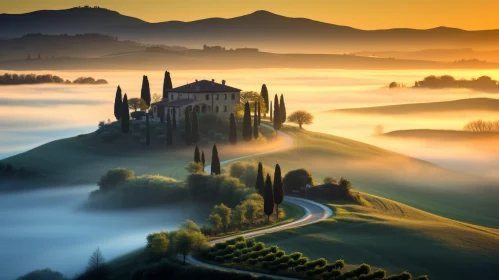 Misty Tuscan Hills at Sunrise: A Captivating Landscape
