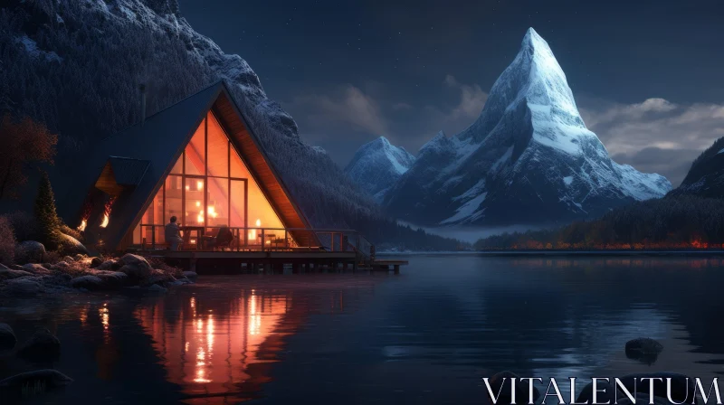 Mountain Cabin at Night: Atmospheric Landscape Painting AI Image