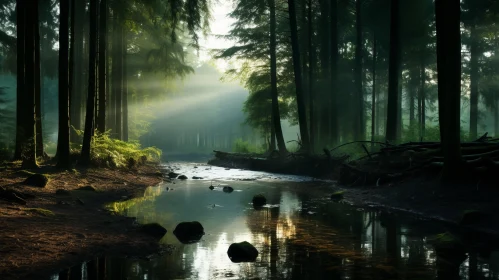 Sunlit Stream in Mystical Forest - Ethereal Nature Photography