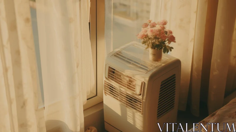 Sunlit Window with Potted Plant and Air Conditioner AI Image