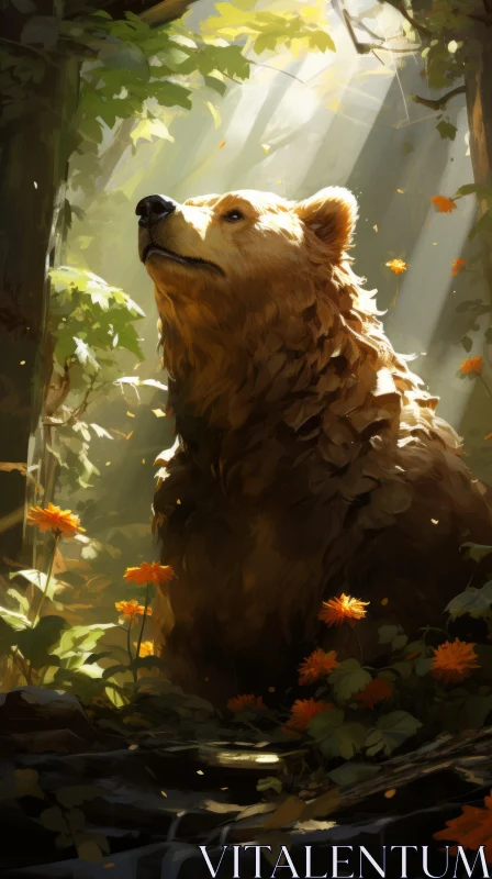 Tranquil Gardenscape: Detailed Bear in Amber-Hued Forest AI Image