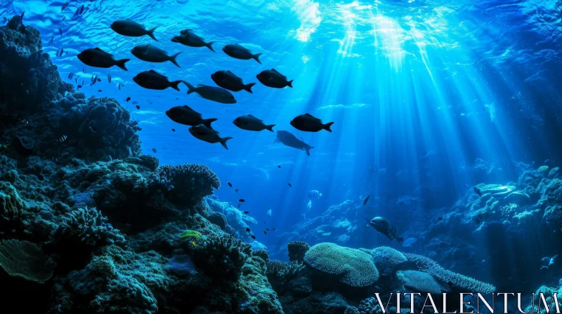 Tranquil Underwater Scene: Blue Water, Fish, and Coral Reef AI Image