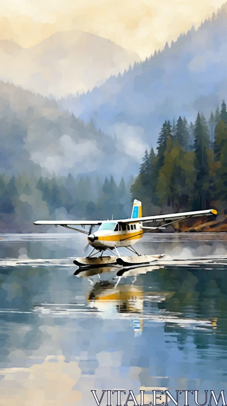 Yellow and White Seaplane Taking Off from a Lake AI Image
