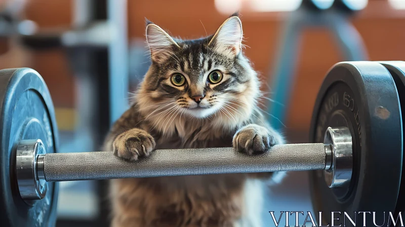 Cute Feline with Barbell in Gym AI Image