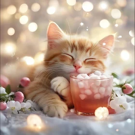 Cozy Kitten Relaxing by a Drink with Twinkling Lights