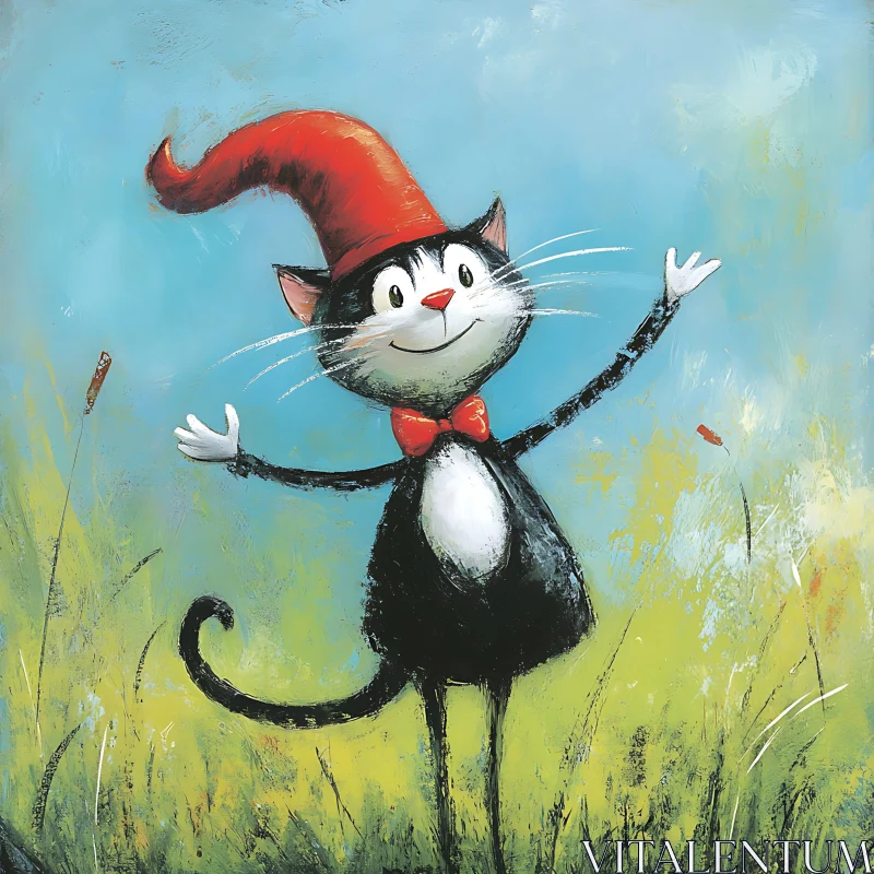 Cheerful Cat in Nature with Red Bow Tie and Hat AI Image