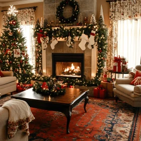 Christmas Living Room with Tree and Fireplace