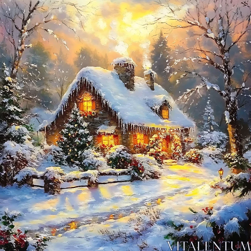 Winter Cabin with Festive Lights AI Image