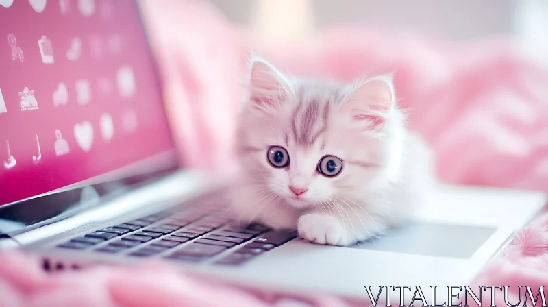 AI ART Cute Fluffy Kitten with Laptop