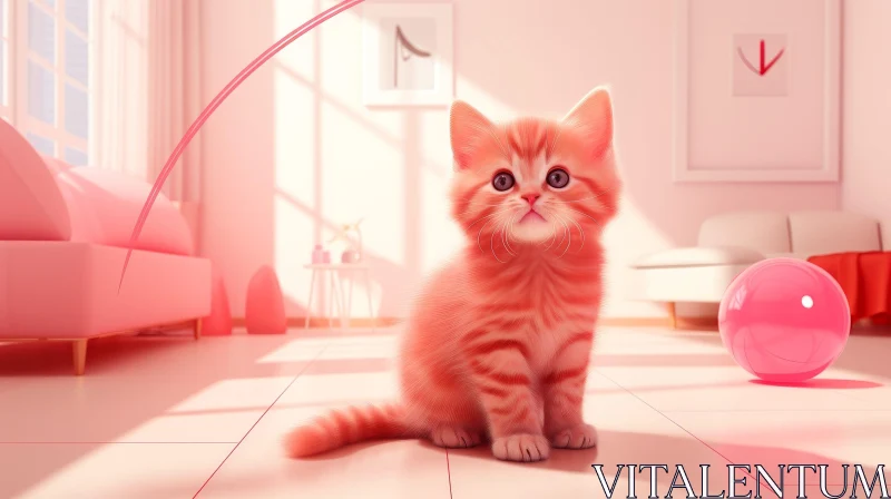 Adorable 3D Rendering of Orange Kitten in Pink Room AI Image