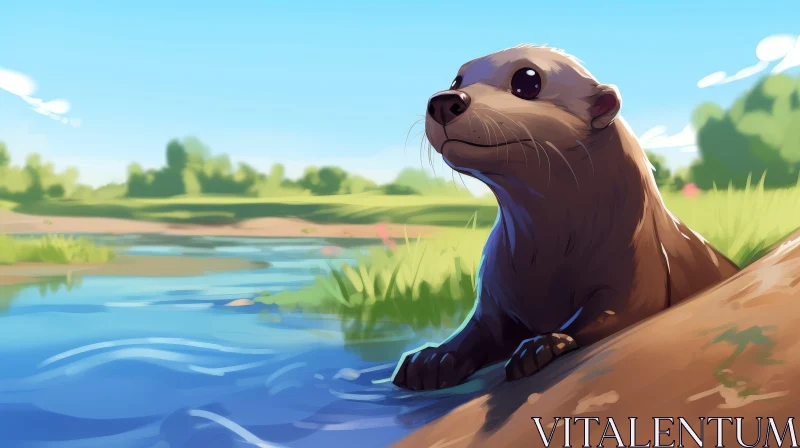 Adorable Otter Cartoon Illustration by the River AI Image