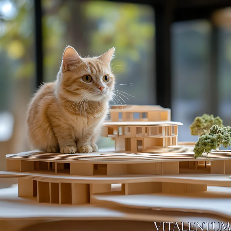 Wooden Model with Ginger Cat AI Image