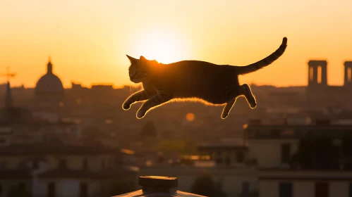 Feline Grace in an Urban Sunset