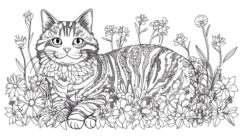 Intricate Cat and Flower Line Drawing