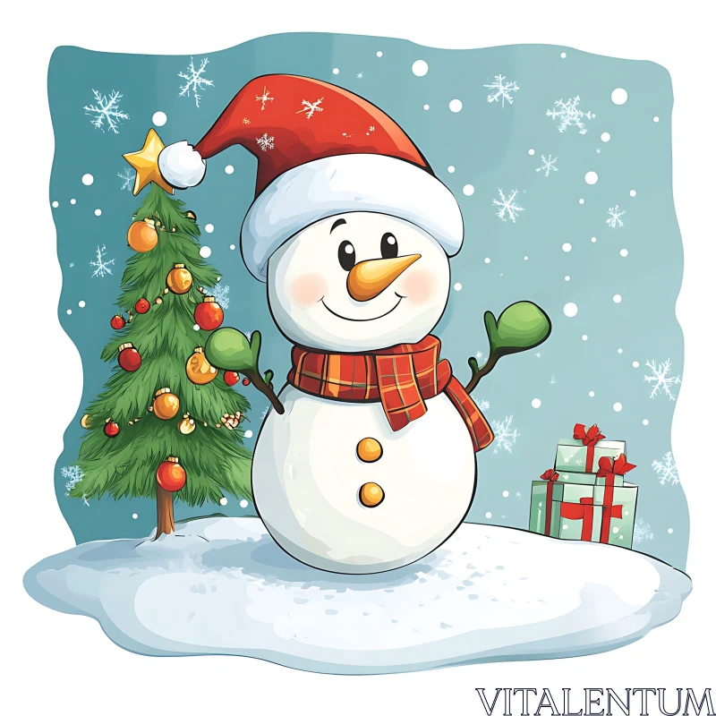 Cheerful Snowman with Santa Hat and Festive Decorations AI Image