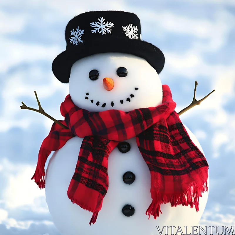 Snowman with Plaid Scarf in Snow AI Image