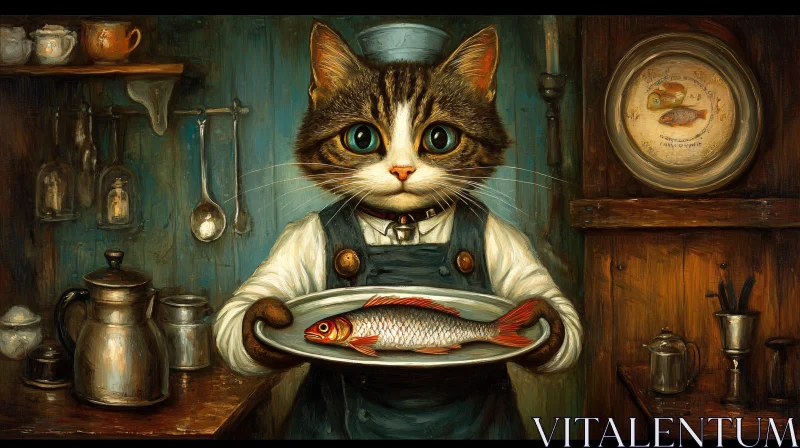 Vintage Kitchen Cat with Fish AI Image