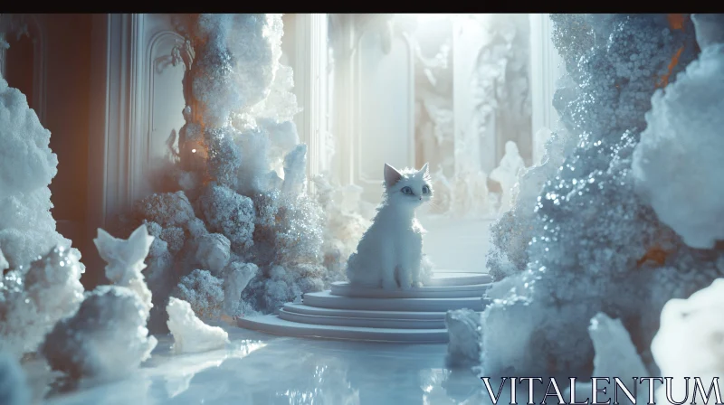 Whimsical White Cat in Ethereal Crystal World AI Image