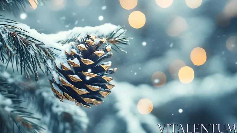 AI ART Winter Pine Cone with Snow and Bokeh