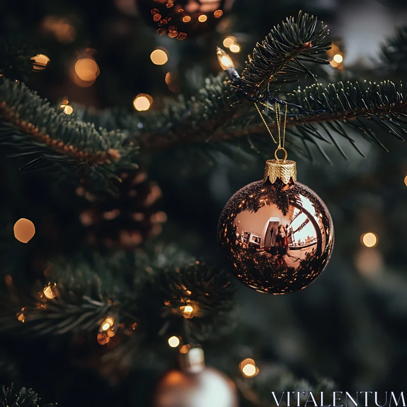 Reflective Christmas Ornament on Tree AI Image