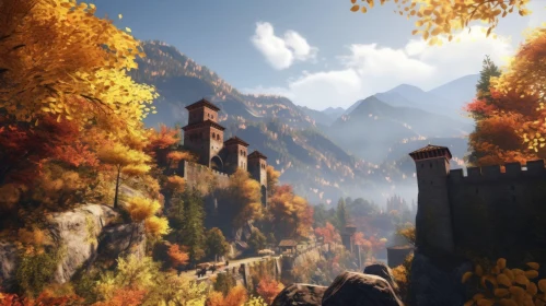 Castle and Trees in Majestic Autumn Mountains - A Captivating Image