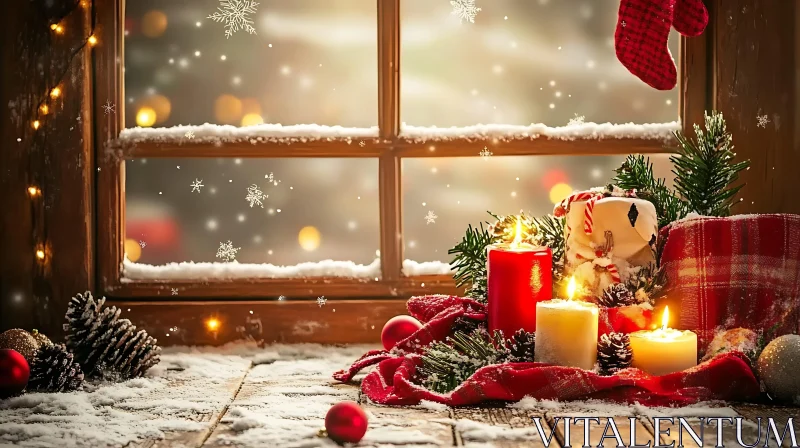 AI ART Warm Holiday Decorations by a Snowy Window