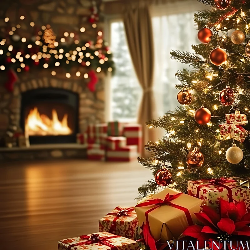 Festive Christmas Tree and Warm Fireplace Background AI Image