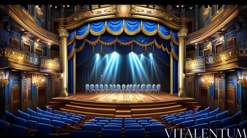 Enchanting Theater Stage with Blue Curtain and Spotlights AI Image
