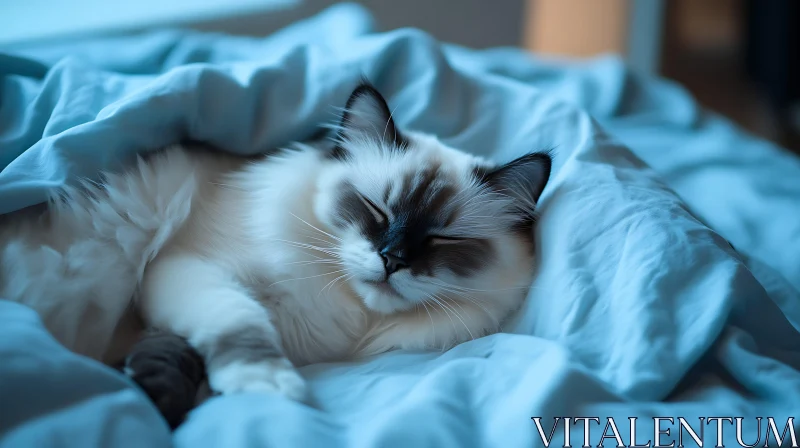 Peaceful Cat Resting in Cozy Blue Bedding AI Image