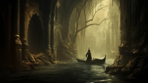 Mysterious Gothic Scene: A Man in a Boat by the River