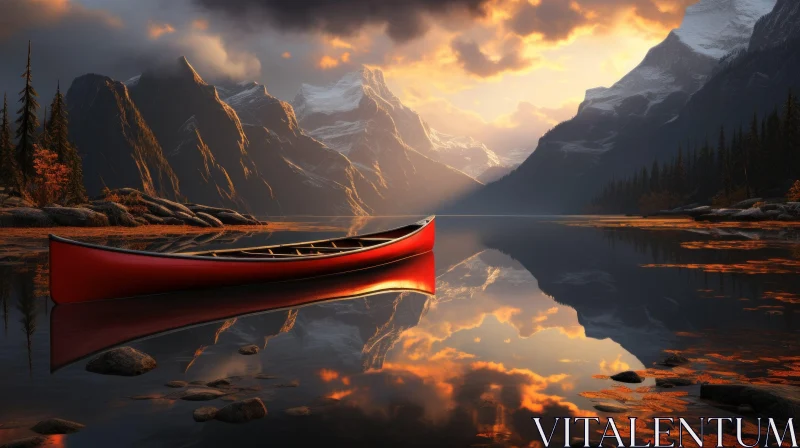 AI ART Red Canoe on Mountain Lake - A Serene and Romantic Landscape