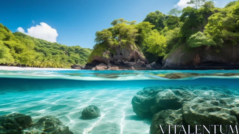 Underwater Beach View: Red Rocks and Coconut Trees | Emerald Hues AI Image