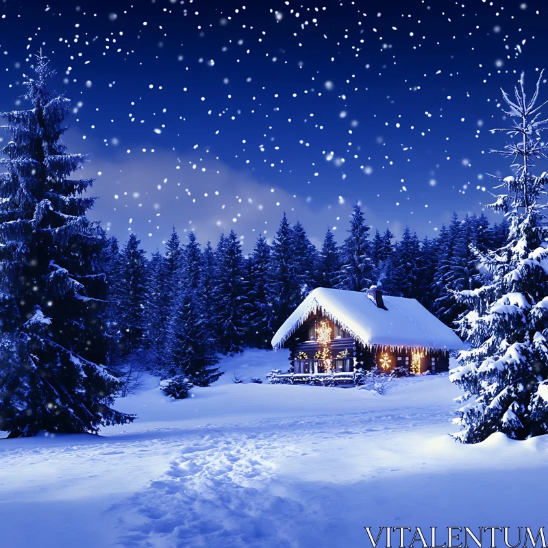 Cozy Cabin in Snowy Forest Night AI Image