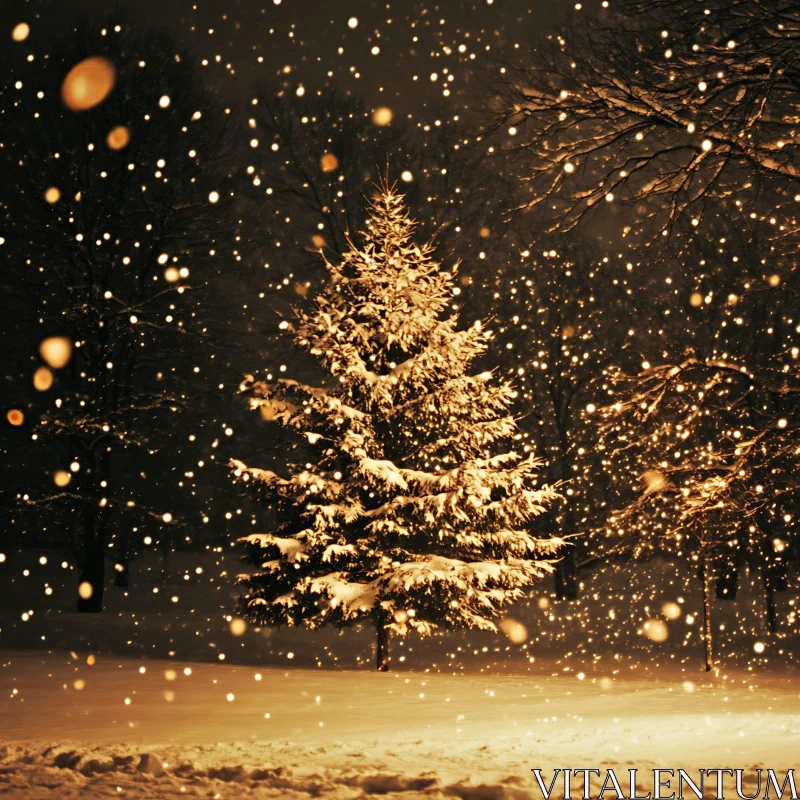 Winter Night Snowfall Illuminating Pine Tree AI Image