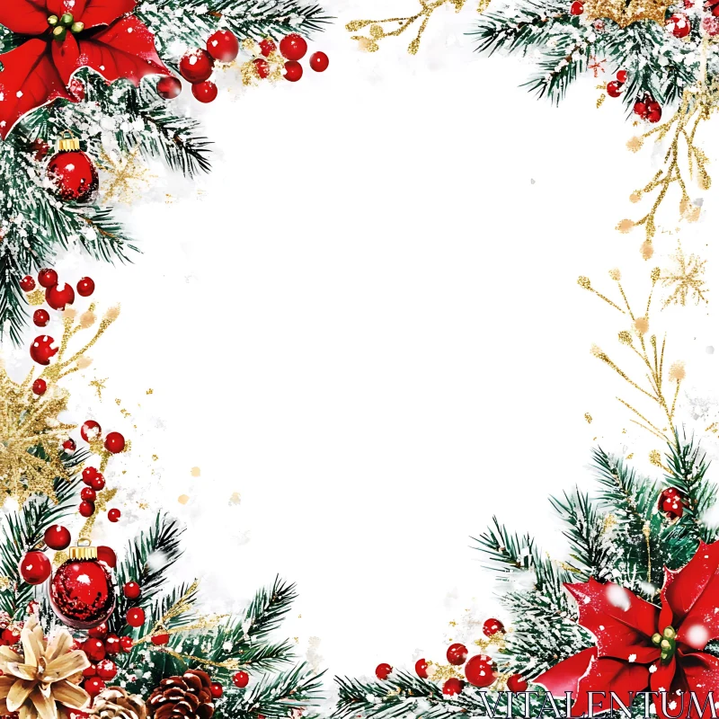 Holiday Frame with Poinsettias and Pinecones AI Image