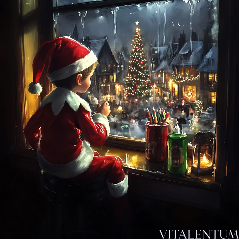 Santa-Clad Child Gazing at Christmas Festivities AI Image