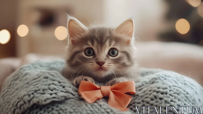 Cute Kitten with Bow in Soft Blanket AI Image